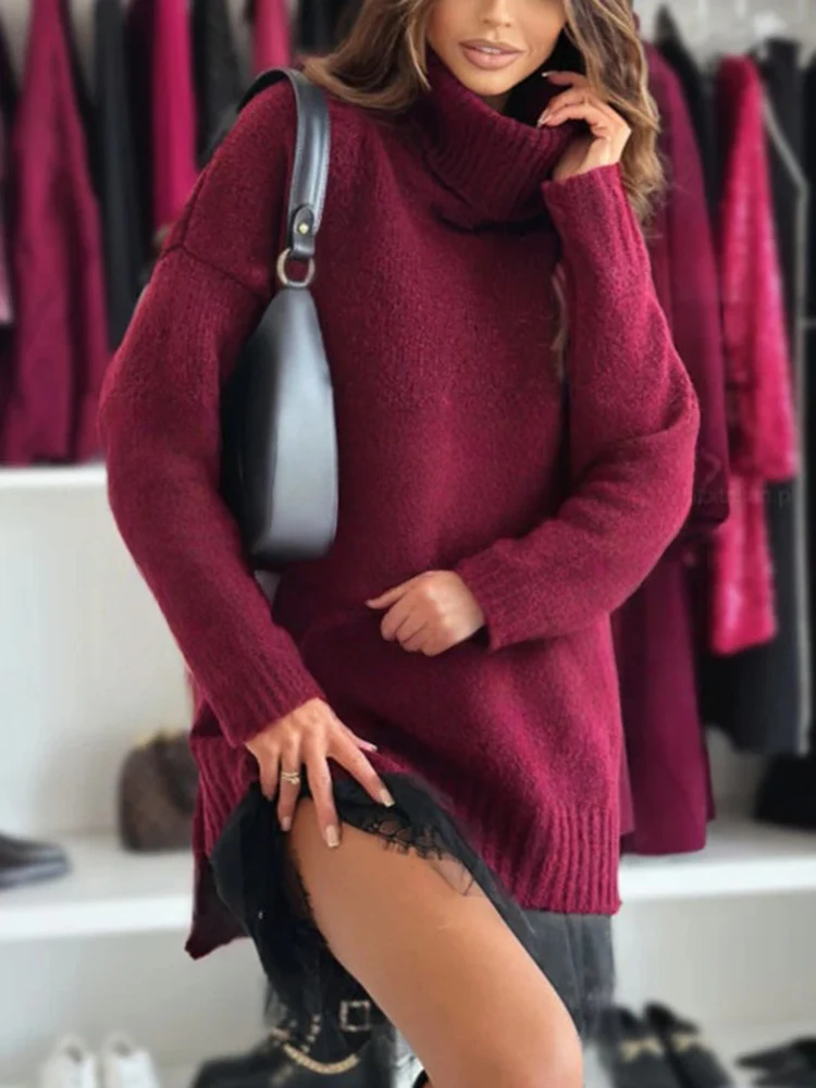 2026 Fashion Long Sleeve Patchwork Lace Dress Women Casual Turtleneck Sweater Dress Sexy Spring Solid Party Mni Female Dresses