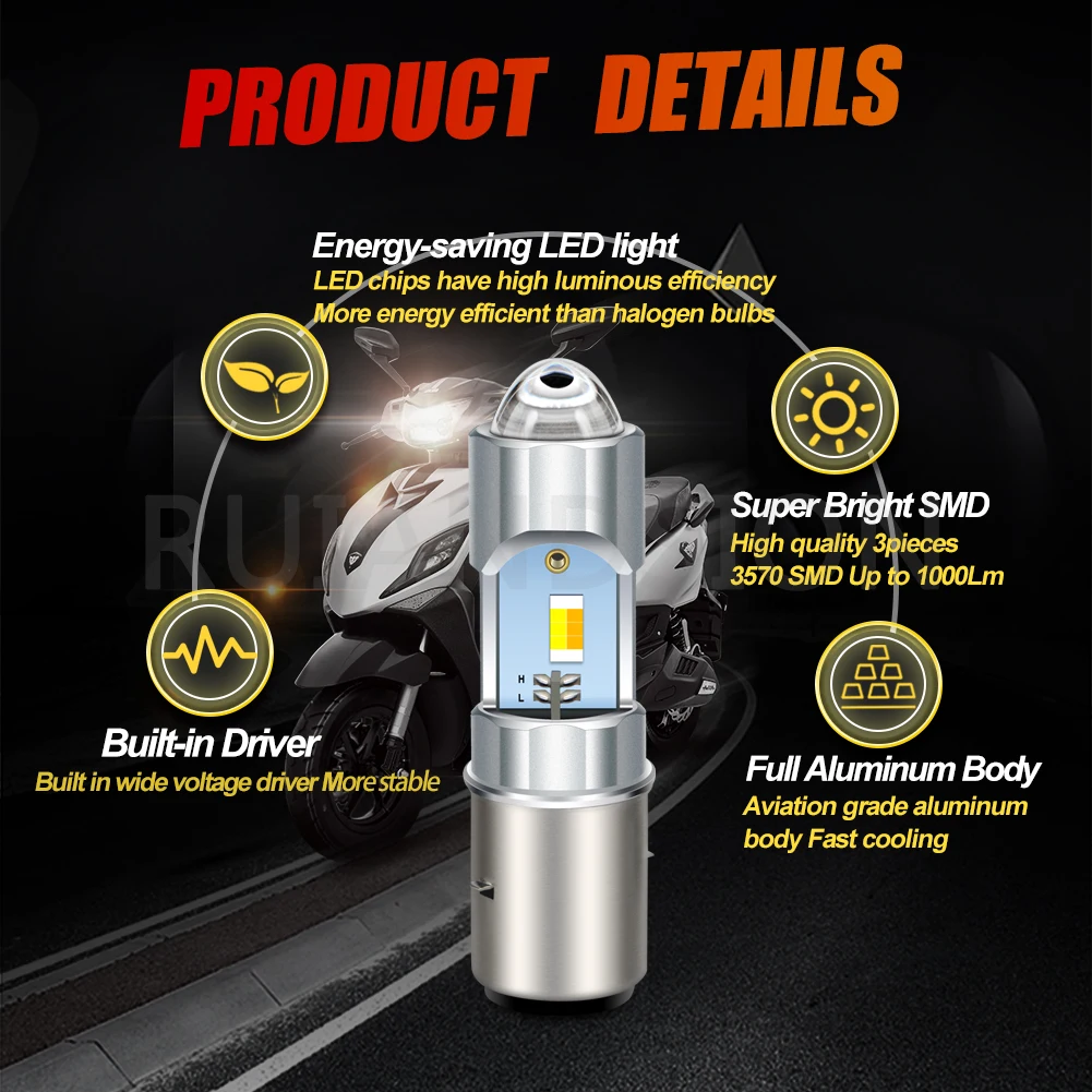 BA20D Motorcycle LED Headlight Bulb 6V 10-80V 3570 Chip 1000LM White Yellow Dual Color Hi/Lo Beam No-Polar for Ebike Scooter ATV