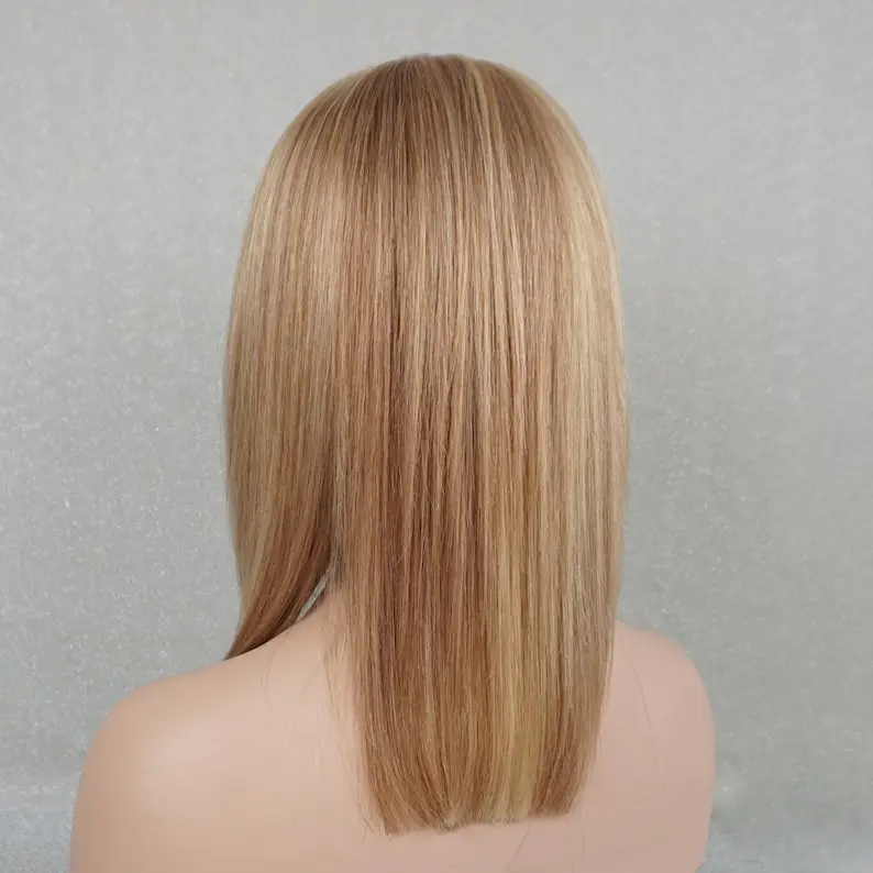 Blonde Menschenhaar volle Perücke Kappe Dichte 12 in mittellanger Bob Cut leimlose Perücke mit Knall blonde Highlights Perücke für Frauen