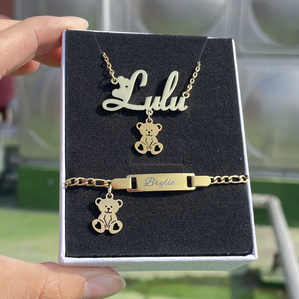 

Lulu's Teddy Bear Customized Name Jewelry Set For Kids Personalized Nameplate Pendant Cute Necklace Bracelet Girls Gift