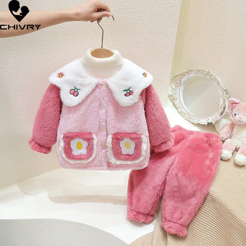 

New Winter Kids Flannel Warm Pajamas Cartoon Cherry Lapel Thicken Tops with Pants Baby Girls Sleepwear Pyjamas Sets Home Wear