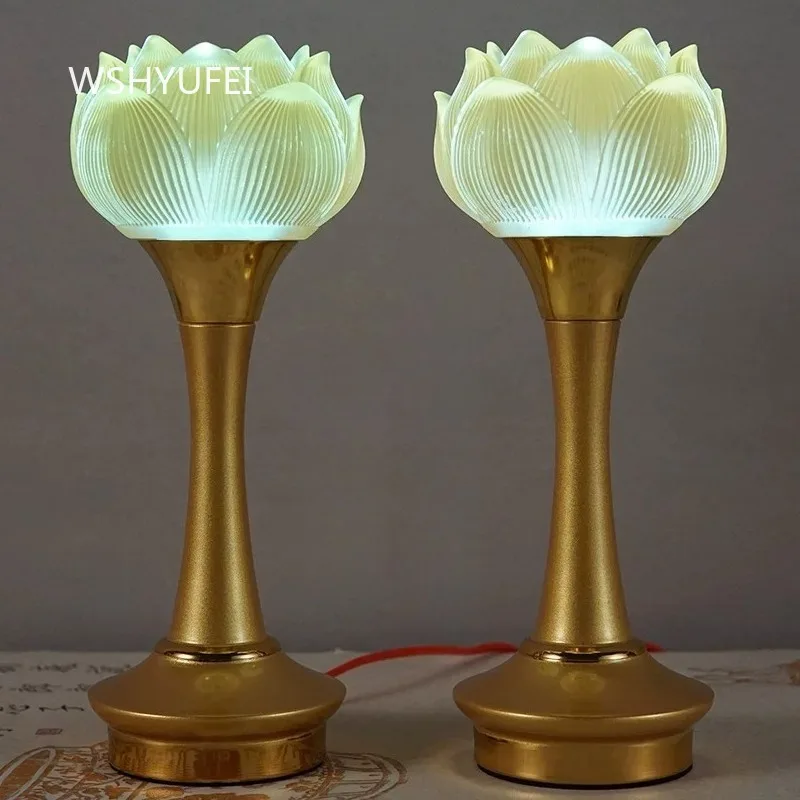2pcs Plug in 7 Color Changing Lotus LED Altar Lamp with Golden Pedestal and Amber Flower Shade for Buddhist Shrine Decor
