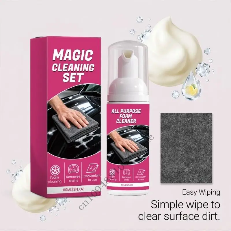 Auto Interior Cleaning Set with 60 Cleaner and Microfiber Cloth, No-Rinse for Dashboard Cleaning, Console Care, and Daily