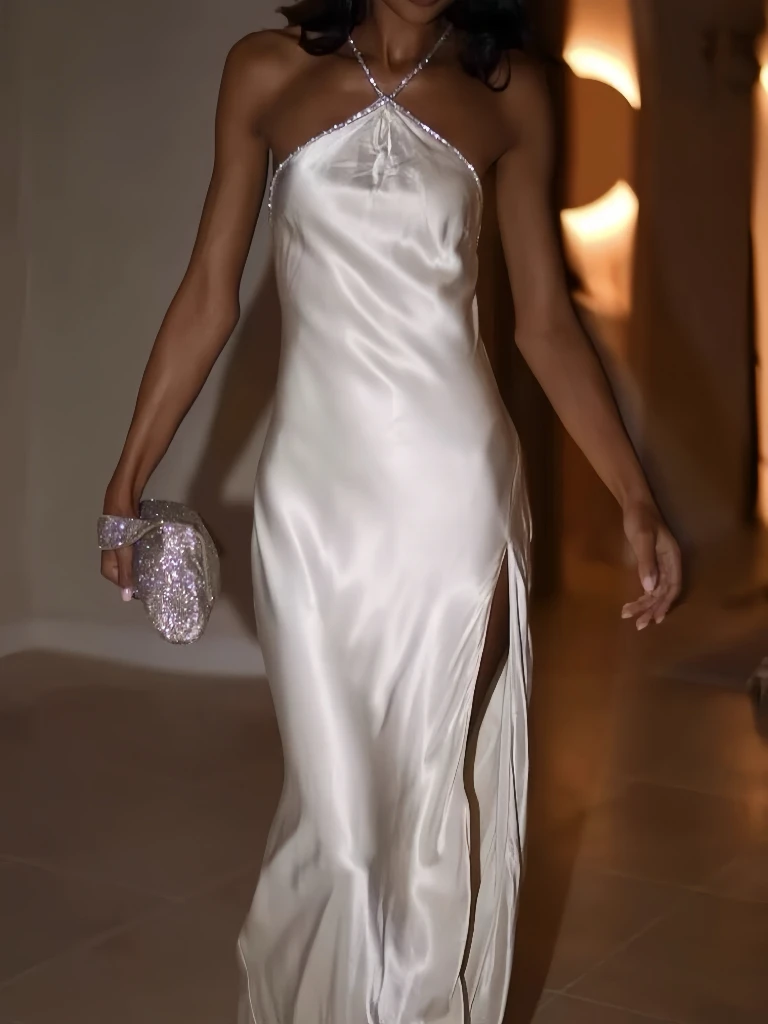 

White Evening Gowns Hlater Sexy Backless Mermaid High-end Shiny Side Slit for Women Slim Banquet Long Cocktail Party Dress