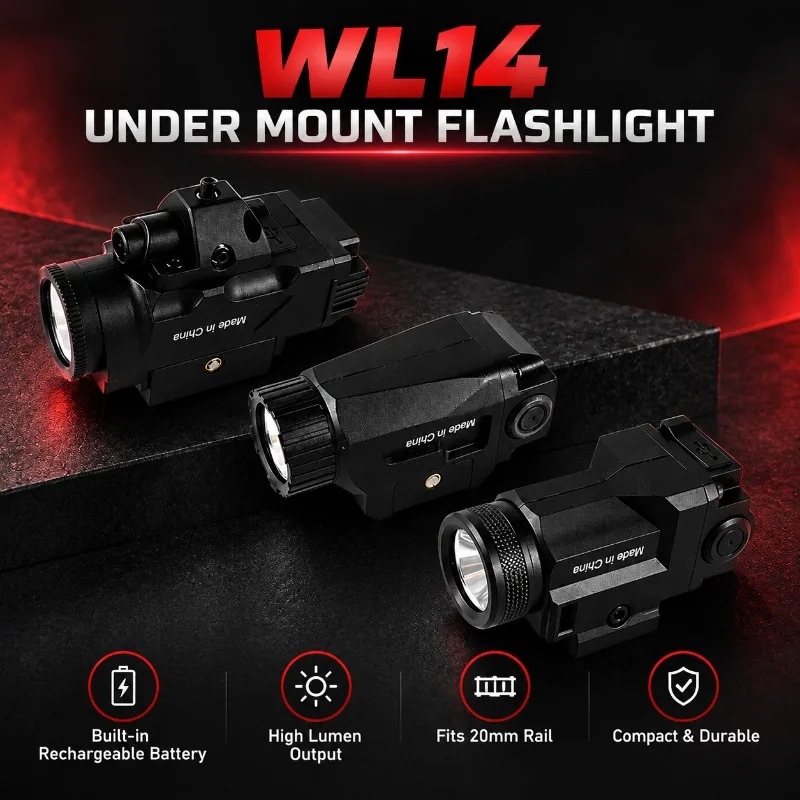 Rechargeable High Bright WL14 Flashlight, Under Rail Mount Model Light Accessory for Hobby Collection