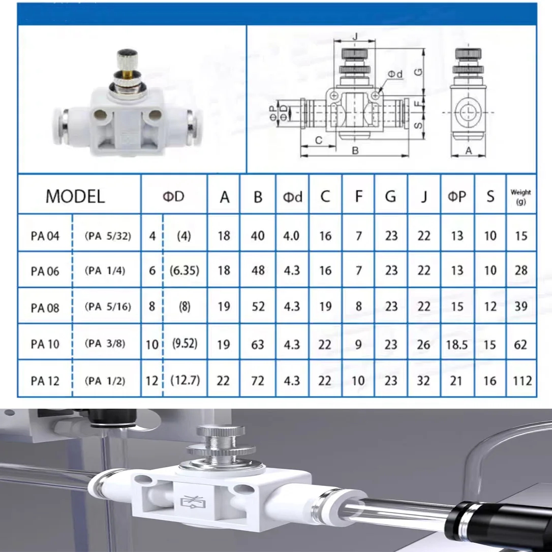 1 قطعة T-شكل SA تركيب هوائي 4 مللي متر 6 مللي متر 8 مللي متر 10 مللي متر 12 مللي متر اتصال سريع سرعة الهواء تنظيم الضغط صمام الخانق الأبيض