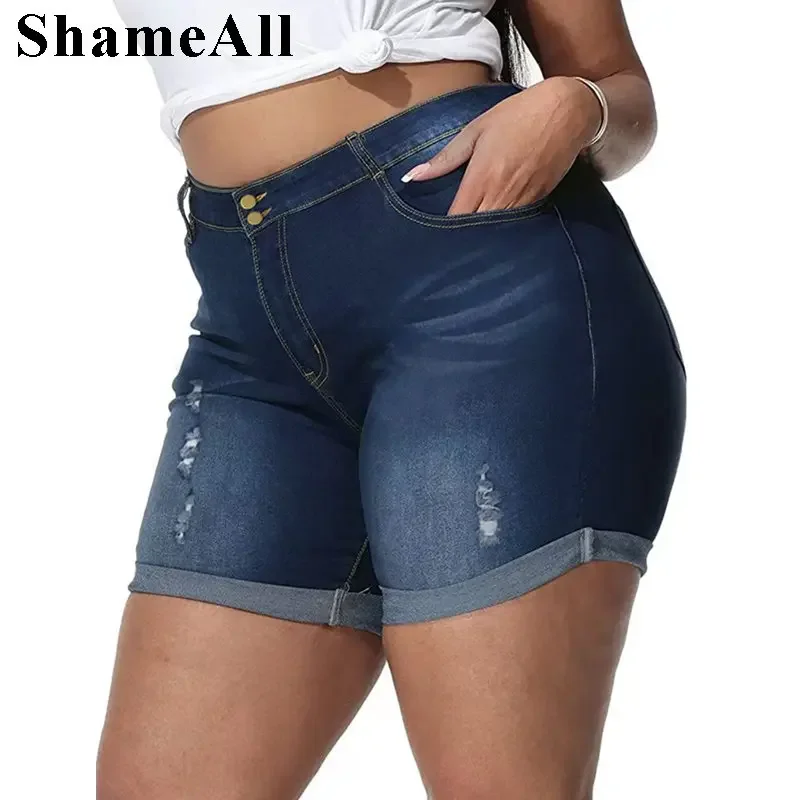 Plus Size Streetwear Push Up Slim Hip Cuffed Short Jeans 3xl 4xl Summer Korean Holes Women Ripped Casual Denim Shorts