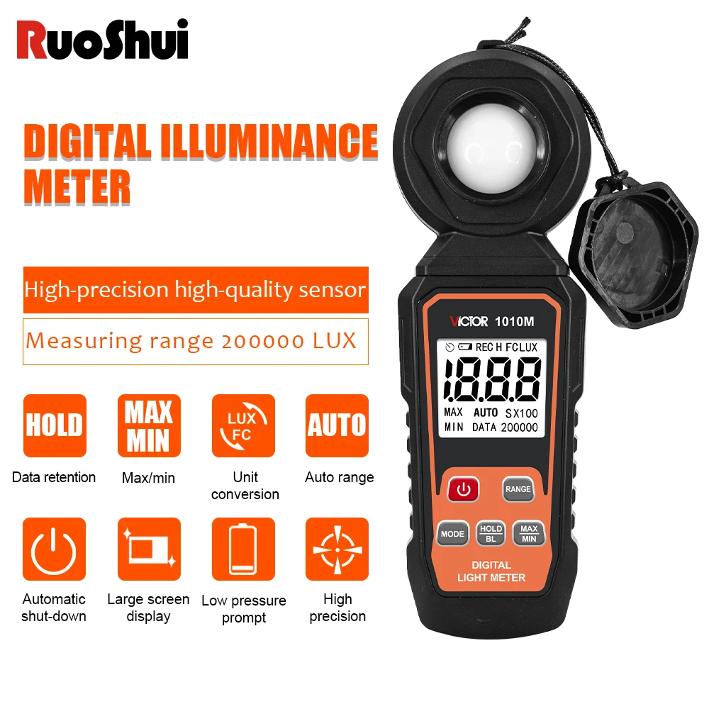 VICTOR Digital Illuminance Meter Light Meter Handheld Ambient Temperature Measurer with Range up to 200,000 Lux Luxmeter