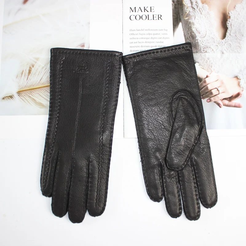 New women\'s deerskin gloves hand-sewn to make warm wool knitted lining outdoor riding and driving gloves