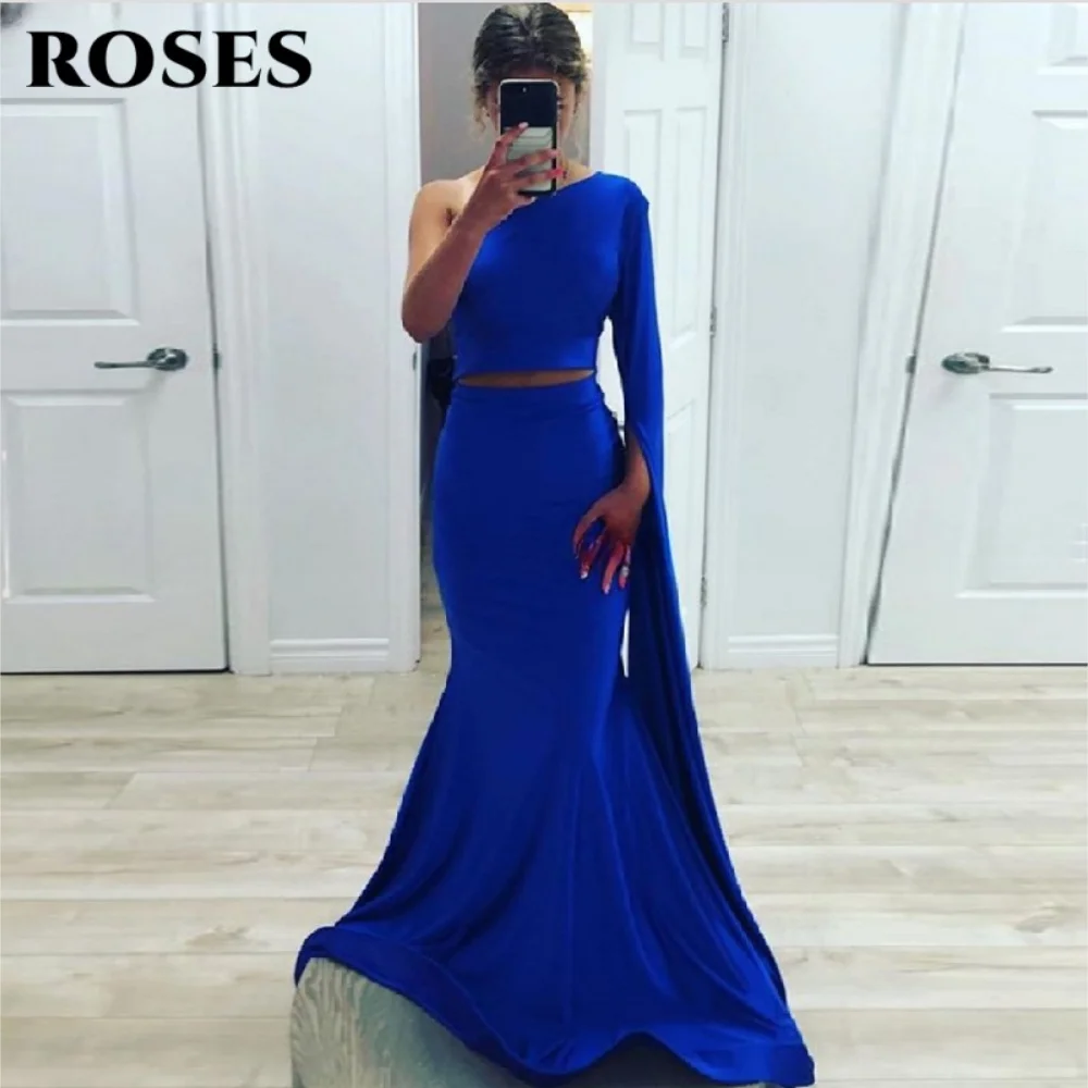 ROSES Royal Blue Elegant Prom Dresses Sexy One Shoulder Mermaid Long Formal Evening Dress Satin Navel Formal Gown Customized