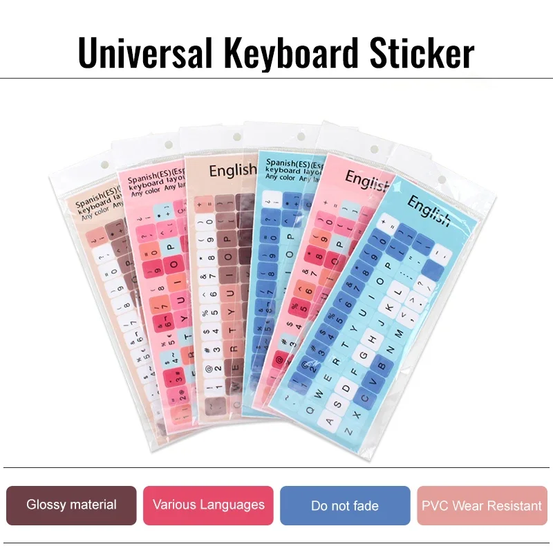 2pcs Colorful Keyboard Stickers Multilingual English Korean Spanish Japanese Russian Letters, Universal for Computers &Notebooks