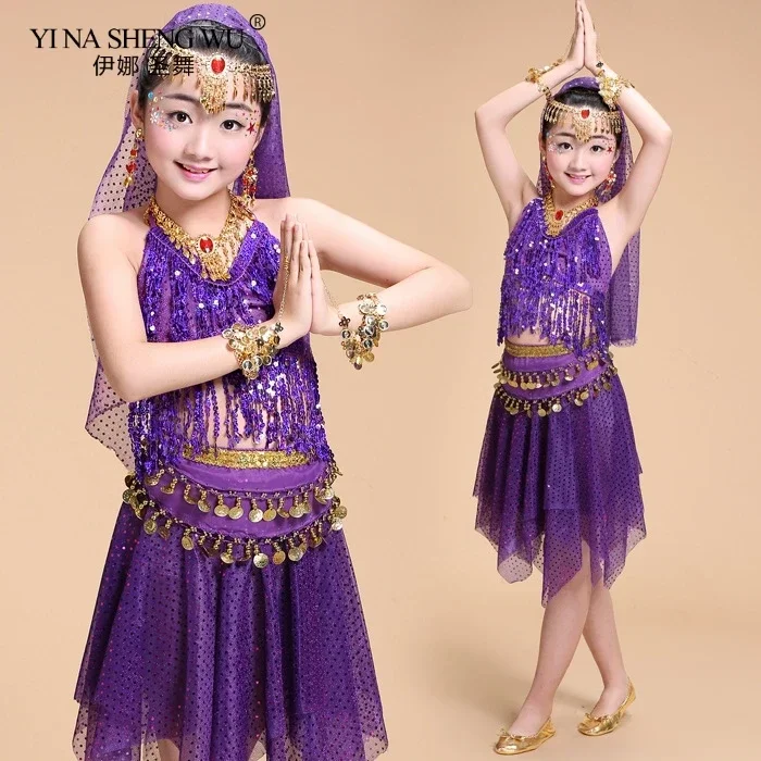 Crianças trajes de dança do ventre 2 pçs conjunto dança oriental menina dança do ventre índia bollywood roupas topo e saia para meninas dança wear