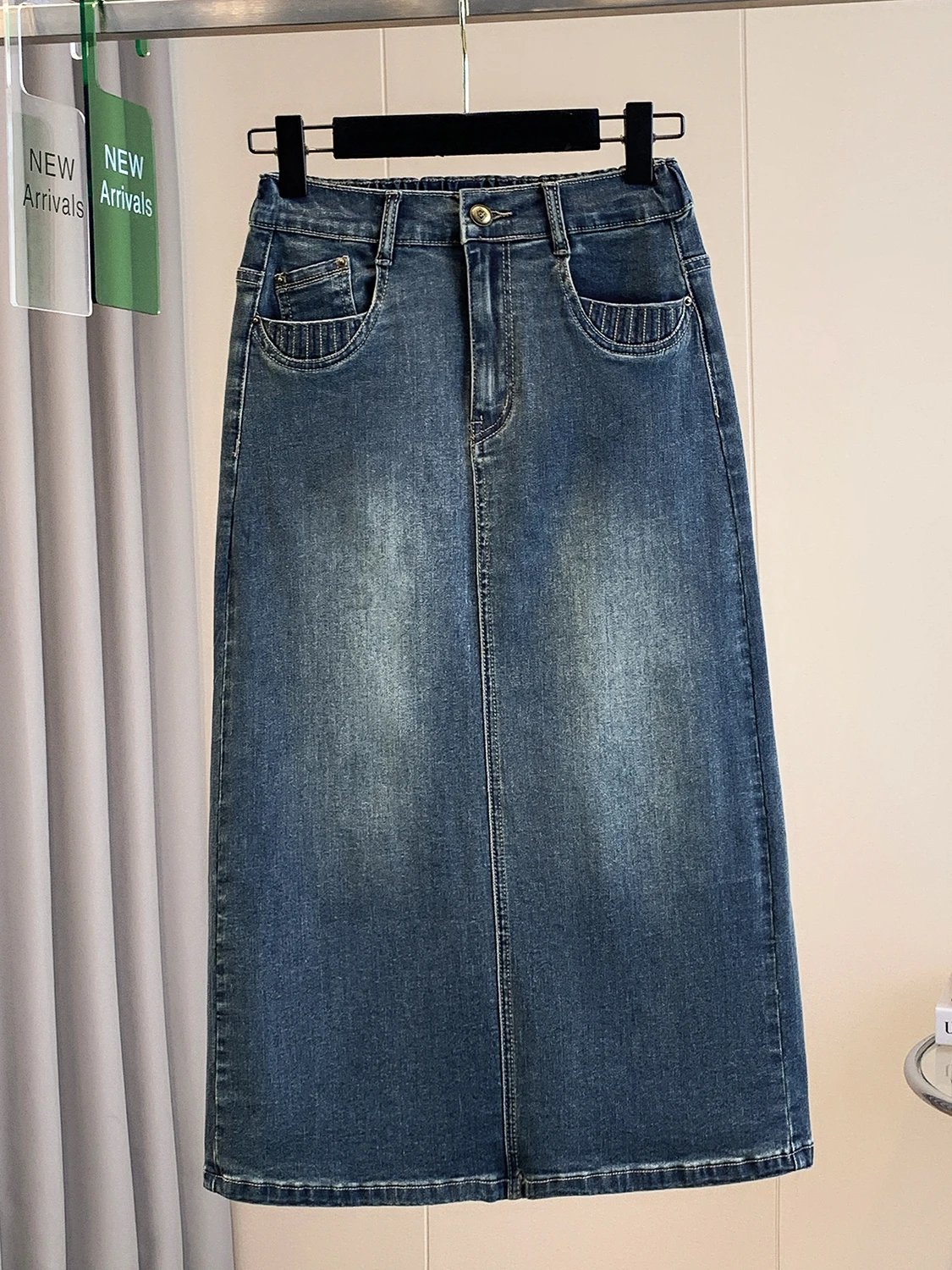 plus Size Women's Elastic Waist Denim Skirt Korean Style A-Line Midi Skirt Comfortable Fit mid Waist PVC Fabric Spring Collec...