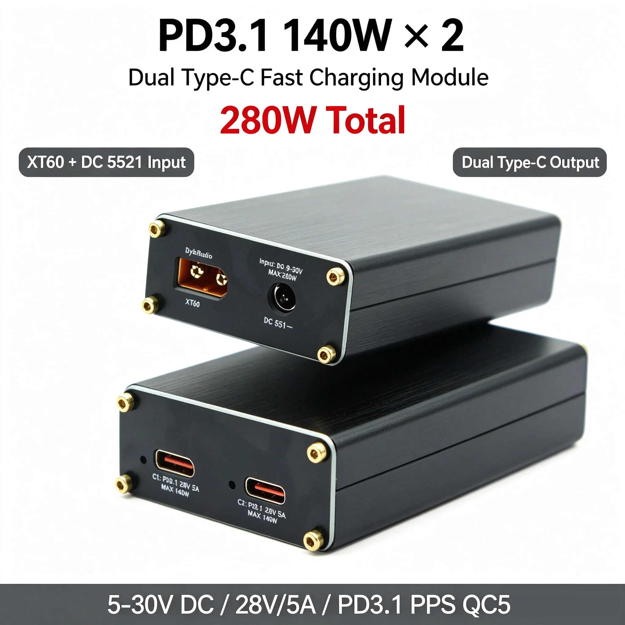 PD3.1 280W Buck‑Boost Fast Charging DC 9-30V XT60 TO TYPE-C 5V 12V 15V 20V 28V 140W PD Charger DIY Power Station Car RC Drone