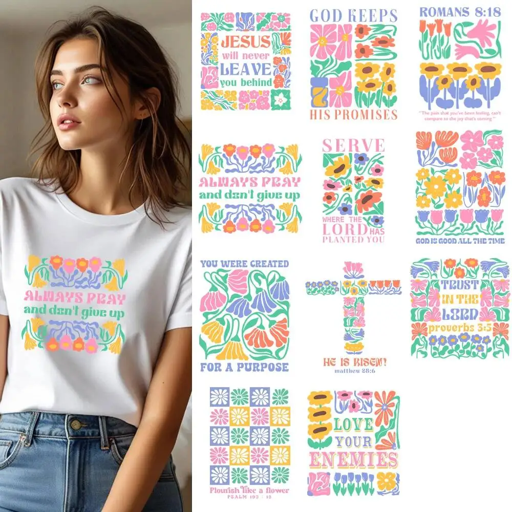 Vintage Flower God Letter Design Transfer Patches For Clothes Applqiues DIY A-Level Washable T-shirts Iron-on Thermal Stickers