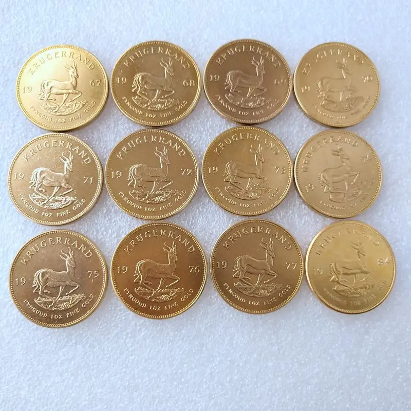 12 Monedas de Latón Bañadas en Oro de 1 Oz de Sudáfrica y Arabia Saudita Krugerrand 1967-1984 No Magnéticas, Colección de Fichas de Paul Kruger