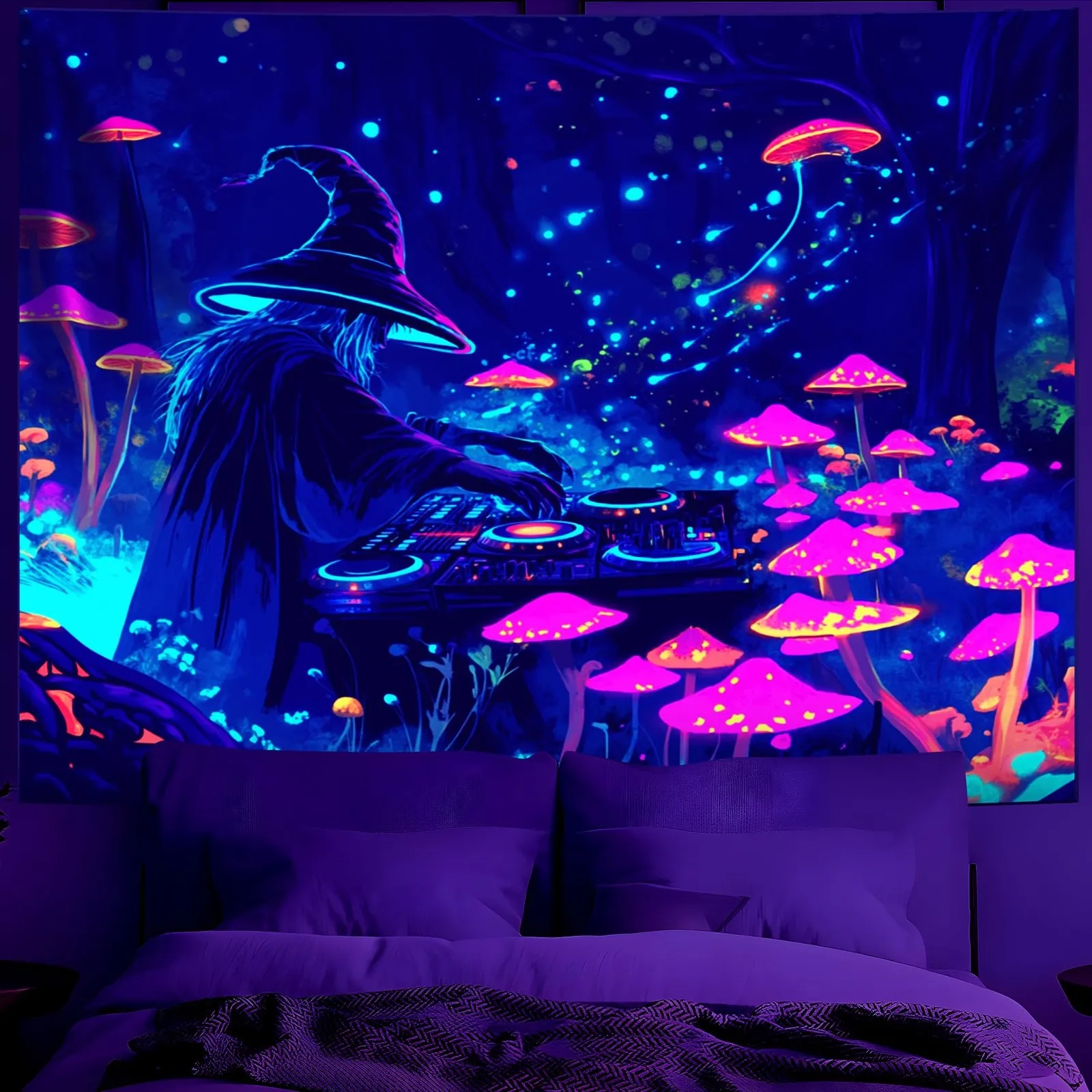 

Неоновый гобелен с изображением грибного леса для декора спальни в стиле диджейской культуры