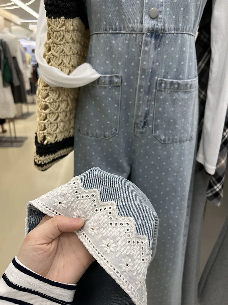 Faionable Polka Dot Denim Overalls Women's Loose Slimming One-Piece Pants Commute Sle High Waist Long Pants Other Fabric