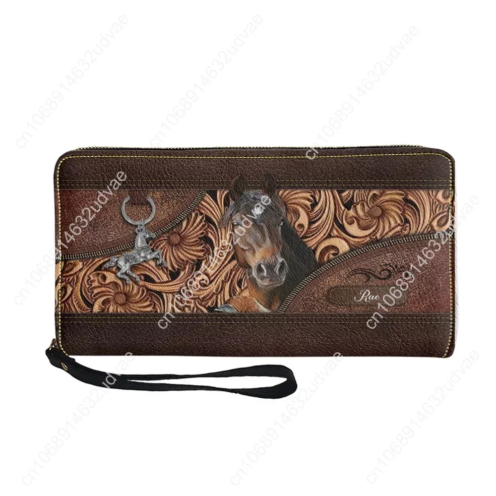 Vintage Brown Horse Design Women's Clutch Purse Luxury Leather Wristlet Strap Wallet for Ladies Long Card Holder Coin Bag Female