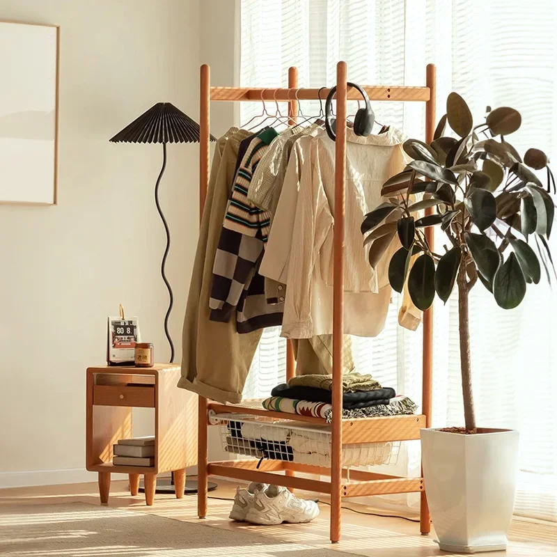

Nordic solid wood hanger rattan floor full coat rack bedroom multi-functional small hanger cherry wood rack