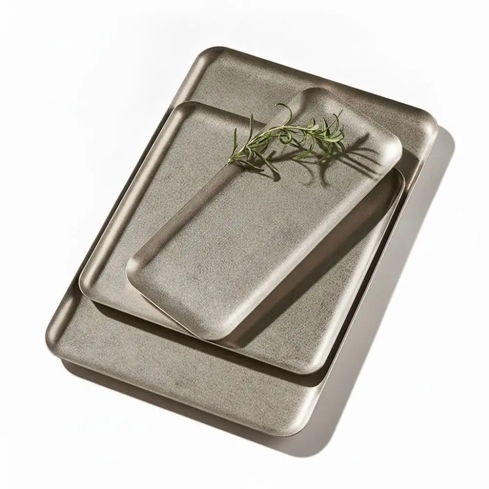 304 Stainless Stainless Steel Tray Square Shape Thickened Dinner Plate Vintage Silver Brushed Surface Barbecue Serving Tray