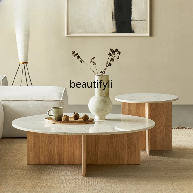 

Coffee Table round Marble Table Wood Color Living Room Modern Light Luxury Small round Tea Table Designer