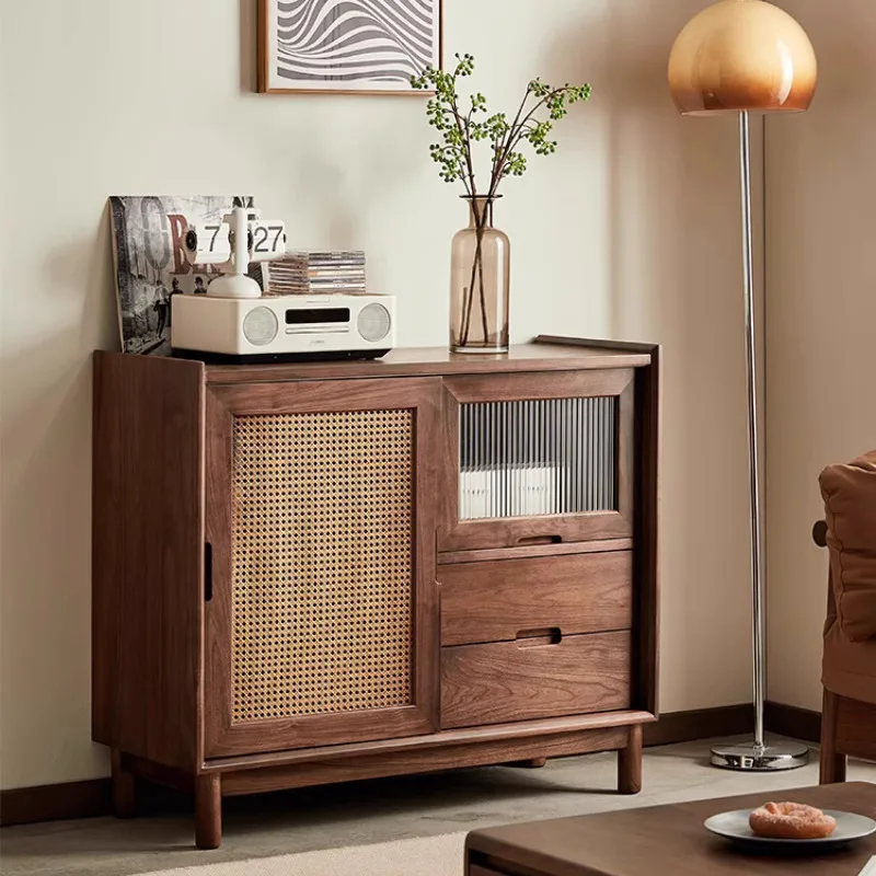 

Rattan solid wood dining side cabinet simple household kitchen storage entrance multi-functional tea cabinet