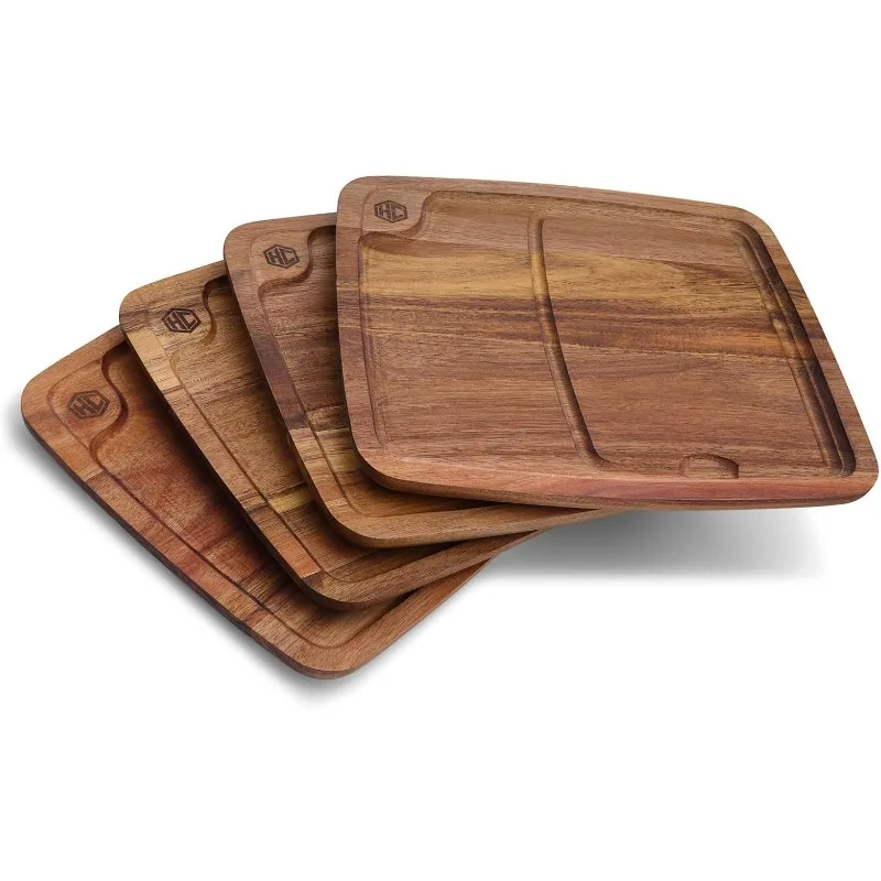 

4-Piece Bistecca Wooden Steak Plate Set with Juice Channel for Meats, Stackable Design with Straight Edges and Completely
