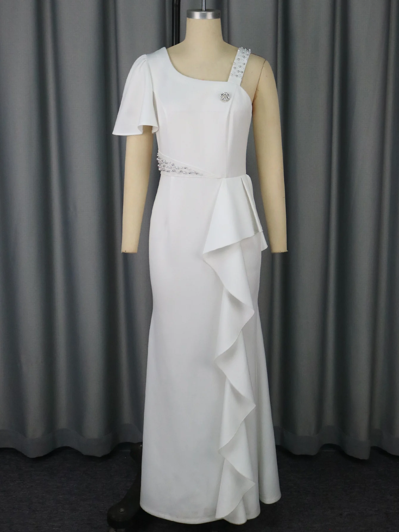 White Elegant One Shoulder Maxi Dress Asymmetric Ruffle Rhinestone Accents Vintage Perfect for Formal Events Weddings or Galas