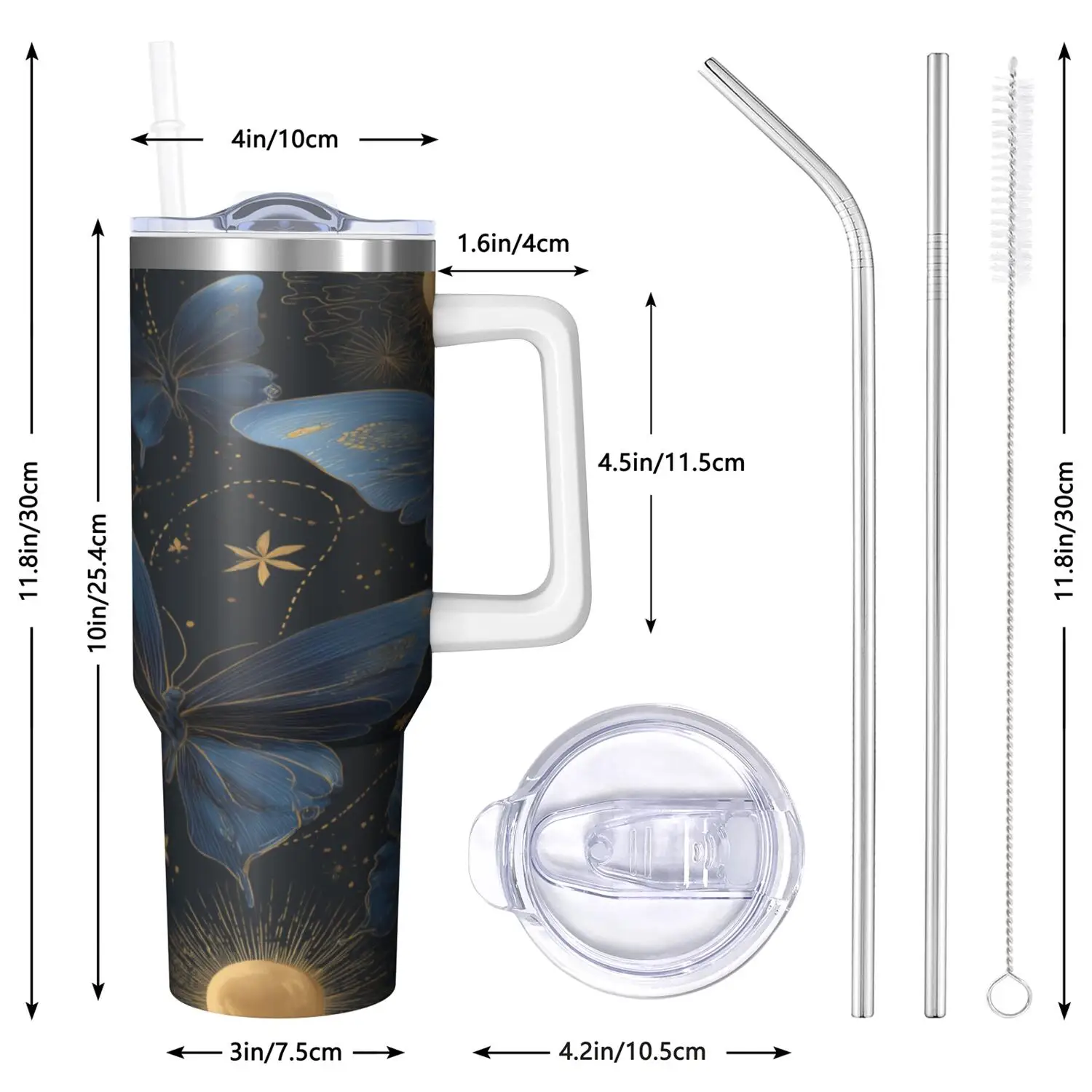 Set of Cups with Butterfly Handles And Straws, Holding Up to 40 Ounces, Featuring a 304 Stainless Steel Inner Layer And a 201 Stainless Steel Outer Layer, with a Seamless Inner Liner And a Lid Made from PC Material, Ideal for Home, Office