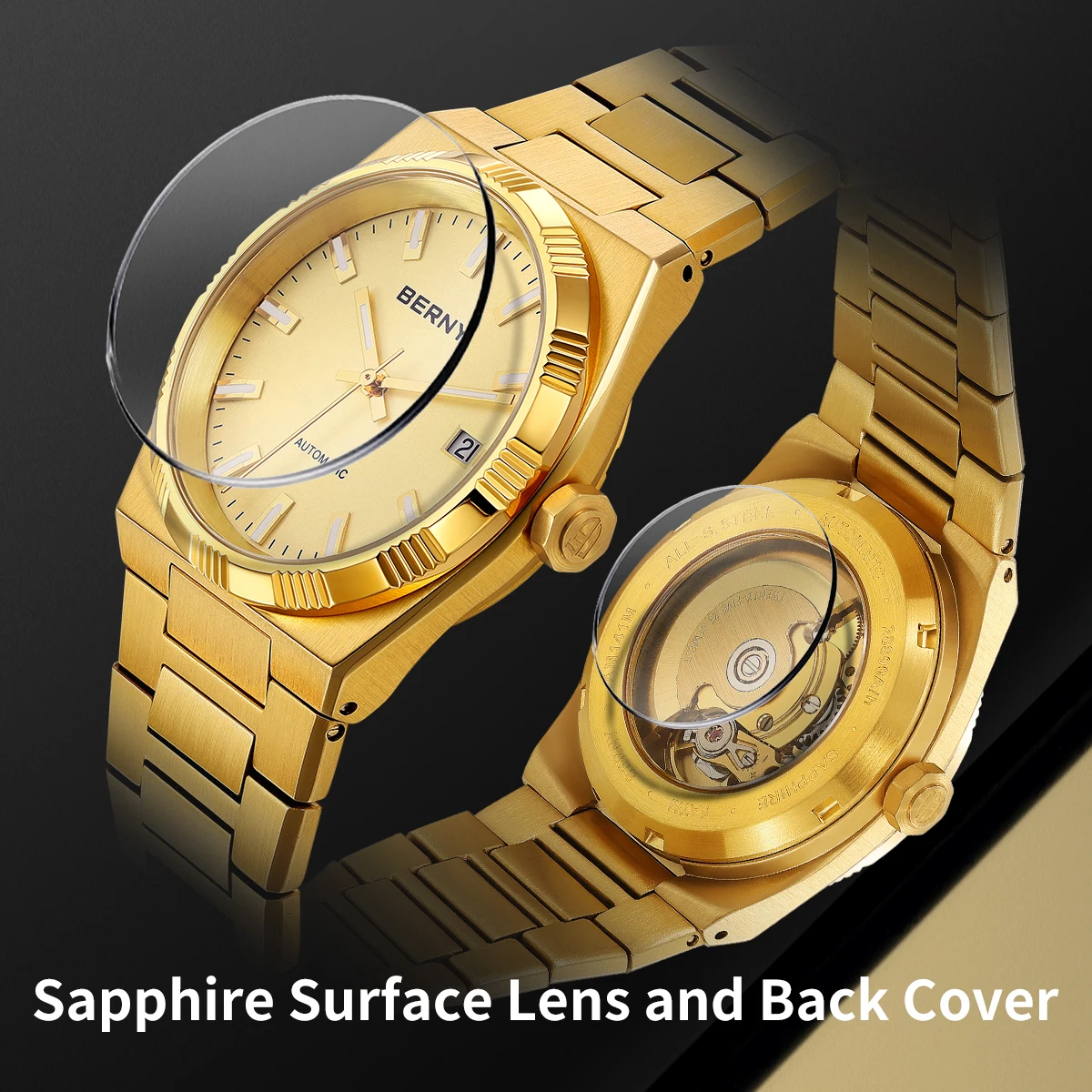 BERNY Automatic Men's Gold Watch Sapphire Luminous 100% Original PT5000 AR Coated Luxury Interchangeable Bezel 5ATM Men Watches
