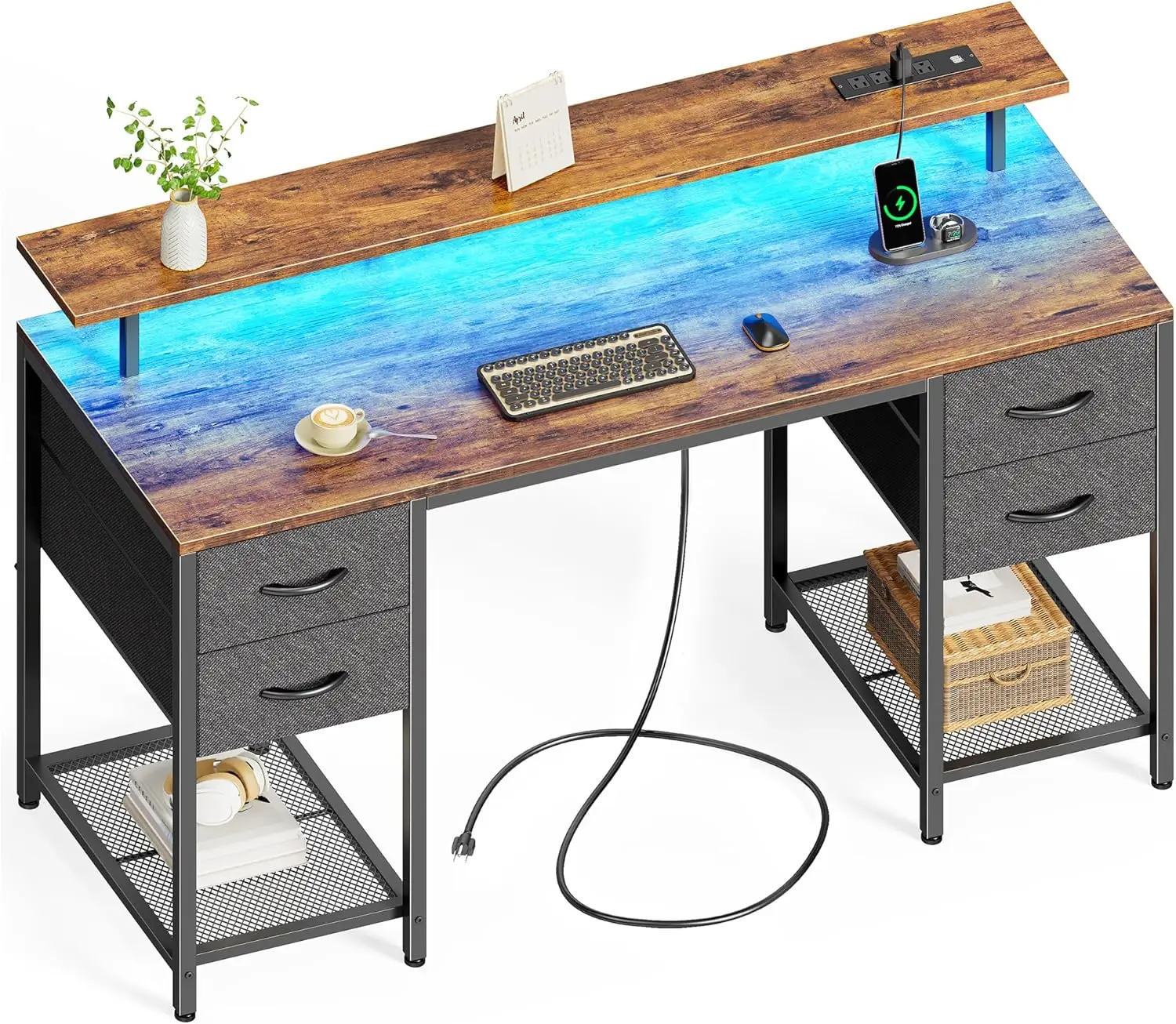 

55 inch Computer Desk with 4 Drawers, Gaming Desk with LED Lights & Power Outlets, Home Office Desk with Large Storage Space for