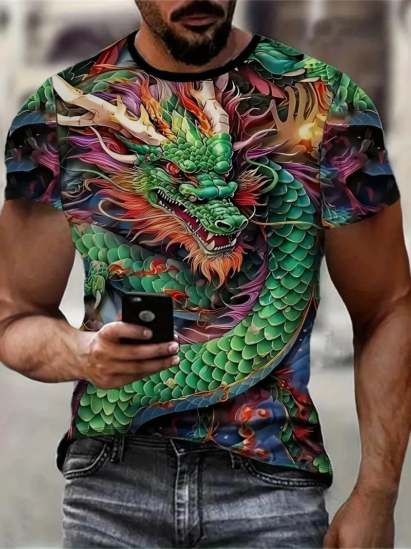 Kaos Pria Ukuran Besar Motif Naga 3D Kasual Longgar dan Modis Lengan Pendek, Lembut, Nyaman, dan Bernapas