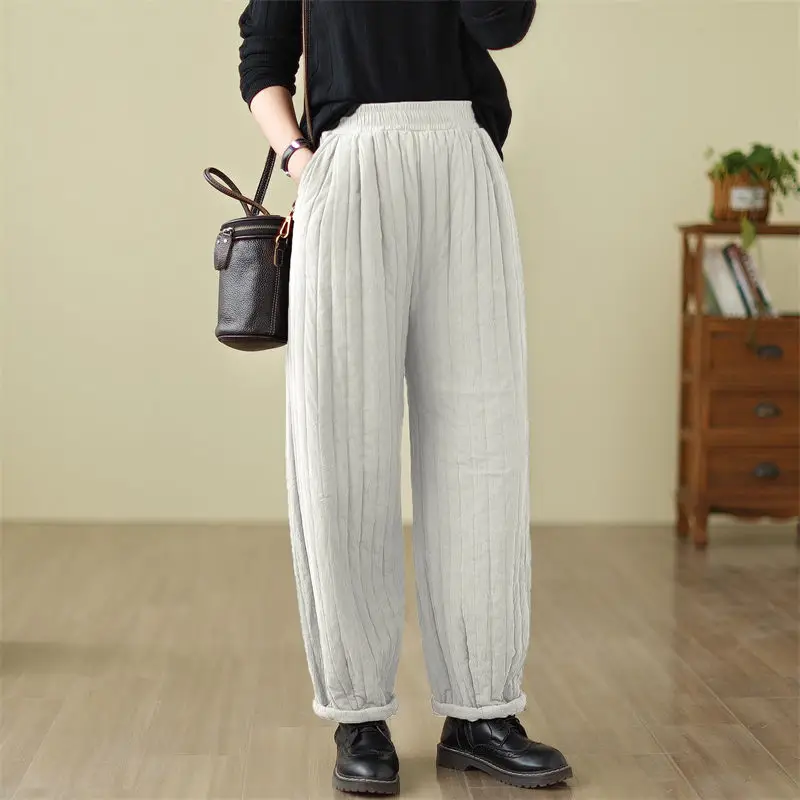 Retro Stripe Versatile Quilted Casual Pants Cotton Linen Thickened Warm Women\'s Literature Large Size Solid Color Trosures Z3570