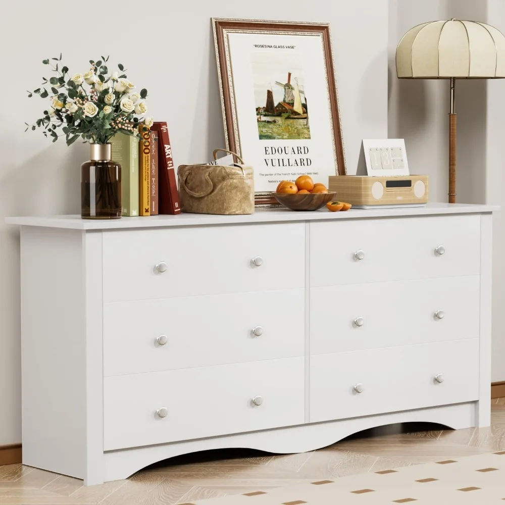 

Bedroom vanity with 6 drawers, wooden wide chest storage rack and TV stand, suitable for living room and hallway