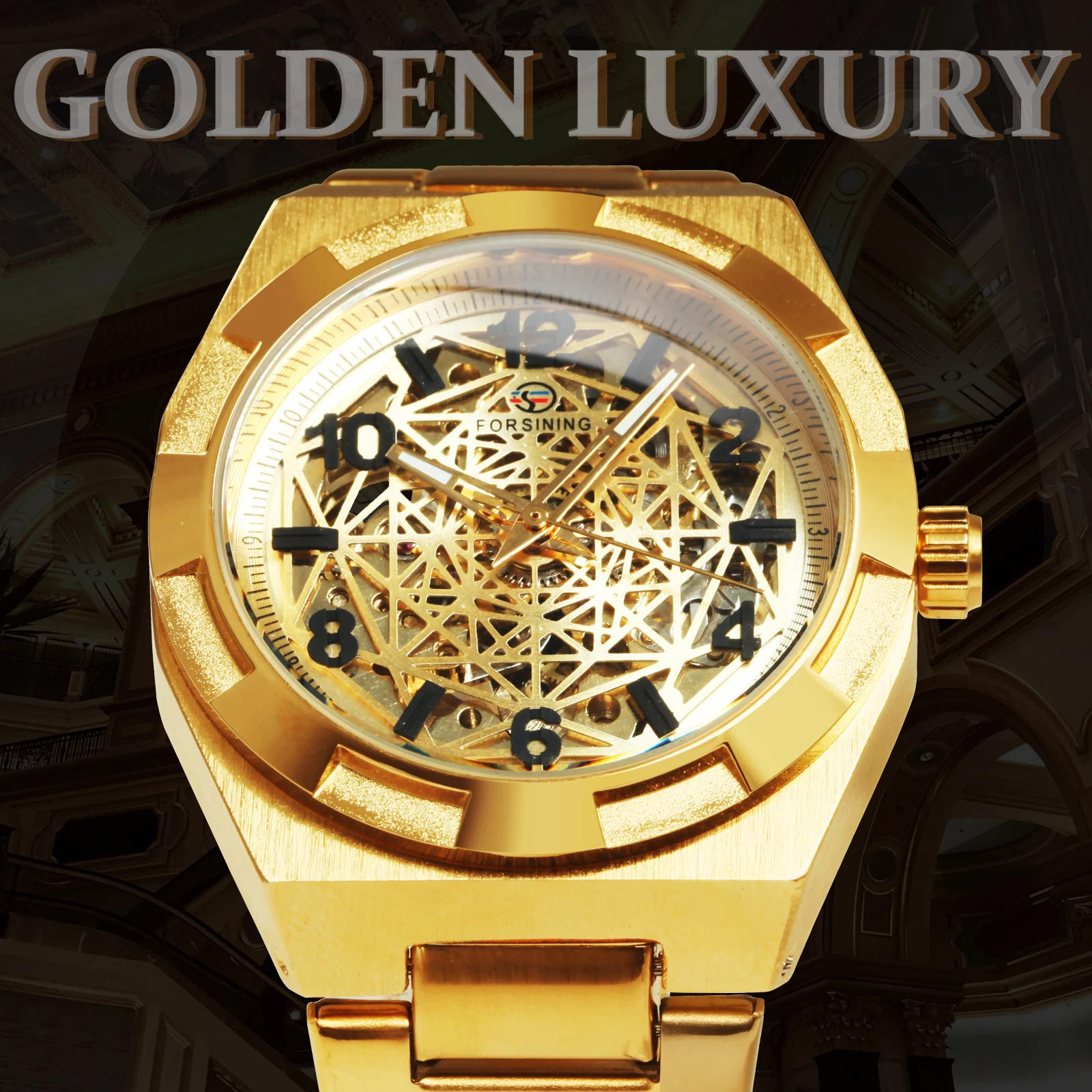 Forsining Gold Mechanical Watches Luxury Brand Irregular Skeleton Automatic Watch for Men Retro Stainless Steel Strap Luminous