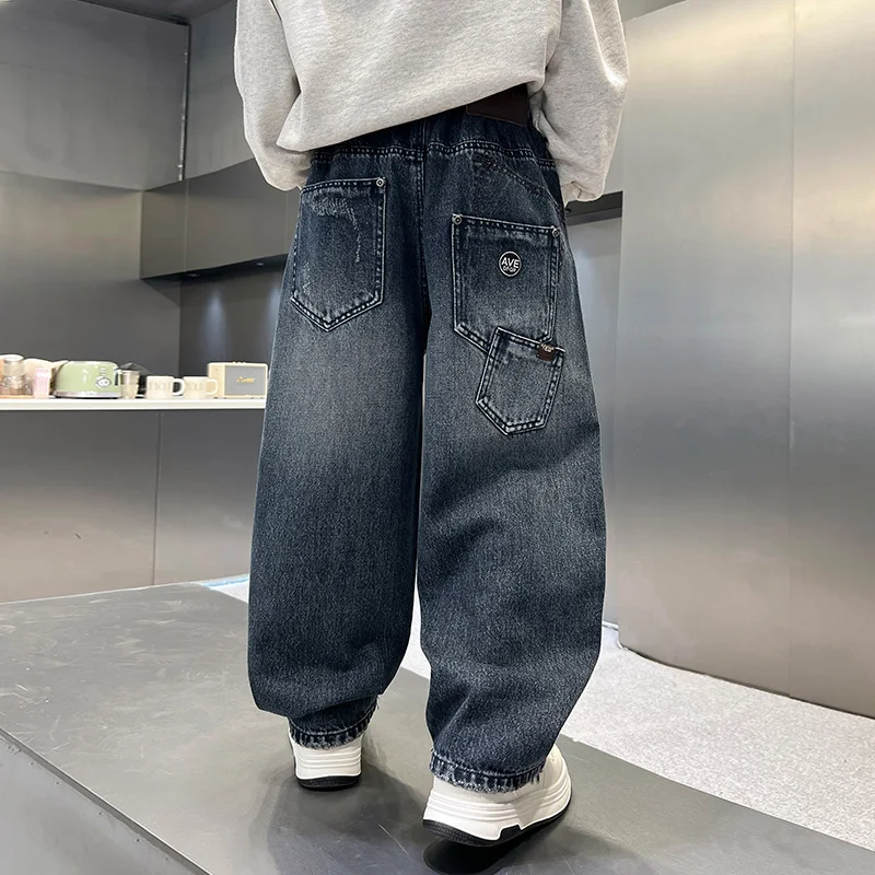 Korean Style Children Baggy Jeans For School Boys Casual Denim Pants with Multi Pocket Kids Cool Jeans Trousers 5 7 9 11 13 14 Y