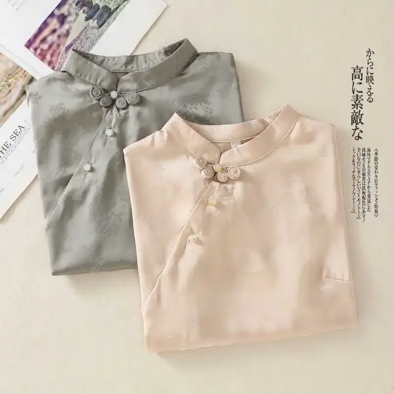 

Satin Qipao Top Satin Short Sleeve Shirt Women Elegant Tang Clothes Vintage Chinese Style Costume Jacquard Blouse Cheongsam Tops