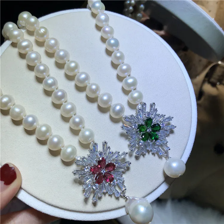 Hand knotted 8-9mm white freshwater pearl snow micro inlay zircon accessories baroque pearl pendant short chain necklace