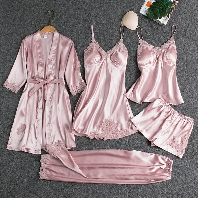 

2024Women's pajama Satin 5PCS Summer Lace Patchwork Sexy Women Nightwear Thin Style Robe Sleep Suit Nightdress With Chest Pads