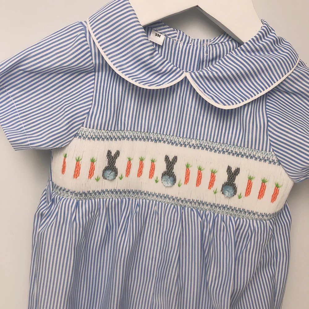 Children Boutique Clothing Summer Short Sleeve Boys and Girls Baby Striped Romper Handmade Smocked Rabbit Embroidery Cute Outfit