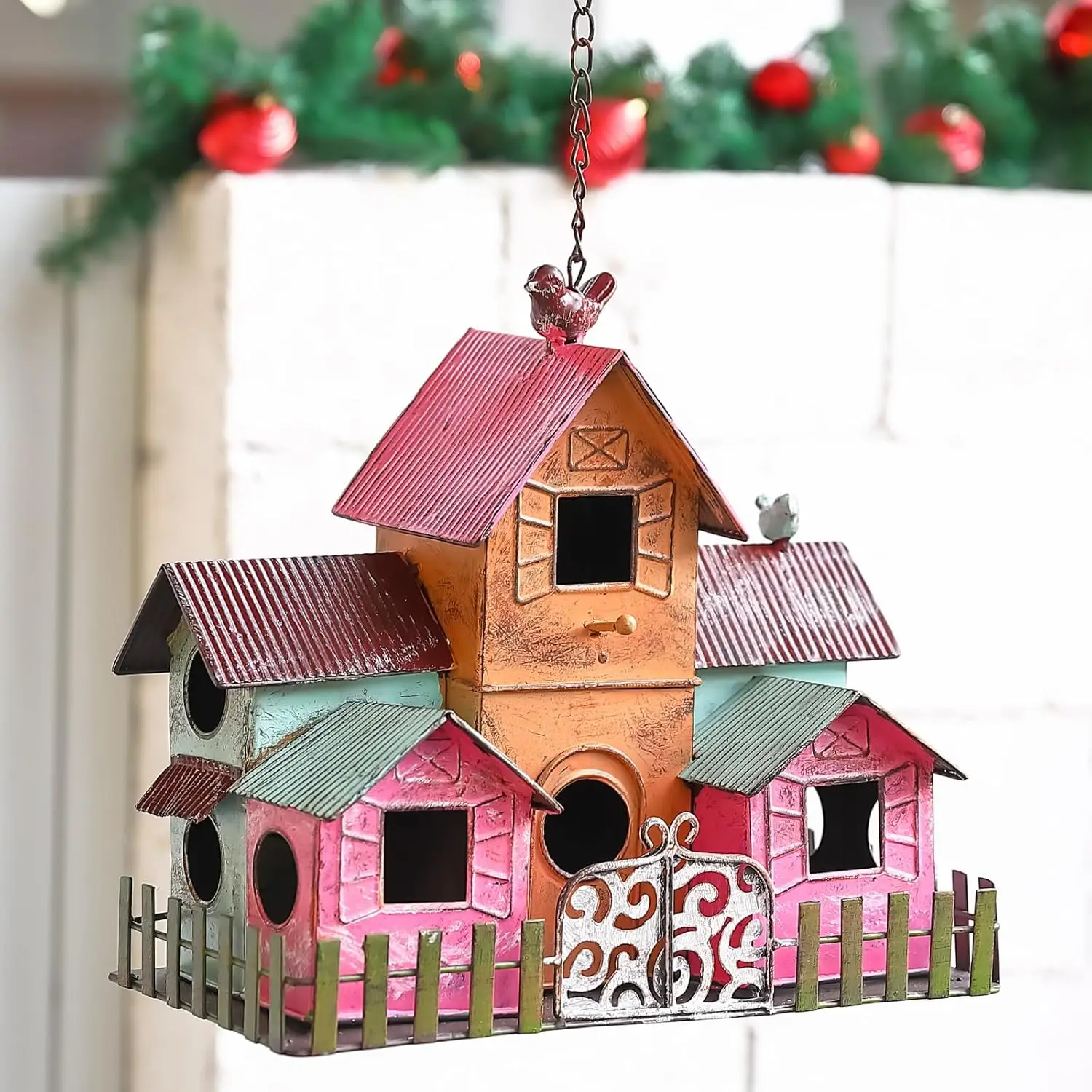

Outdoor Hanging Metal Bird House with 5 Compartments, Durable Colorful Design for Garden Decoration