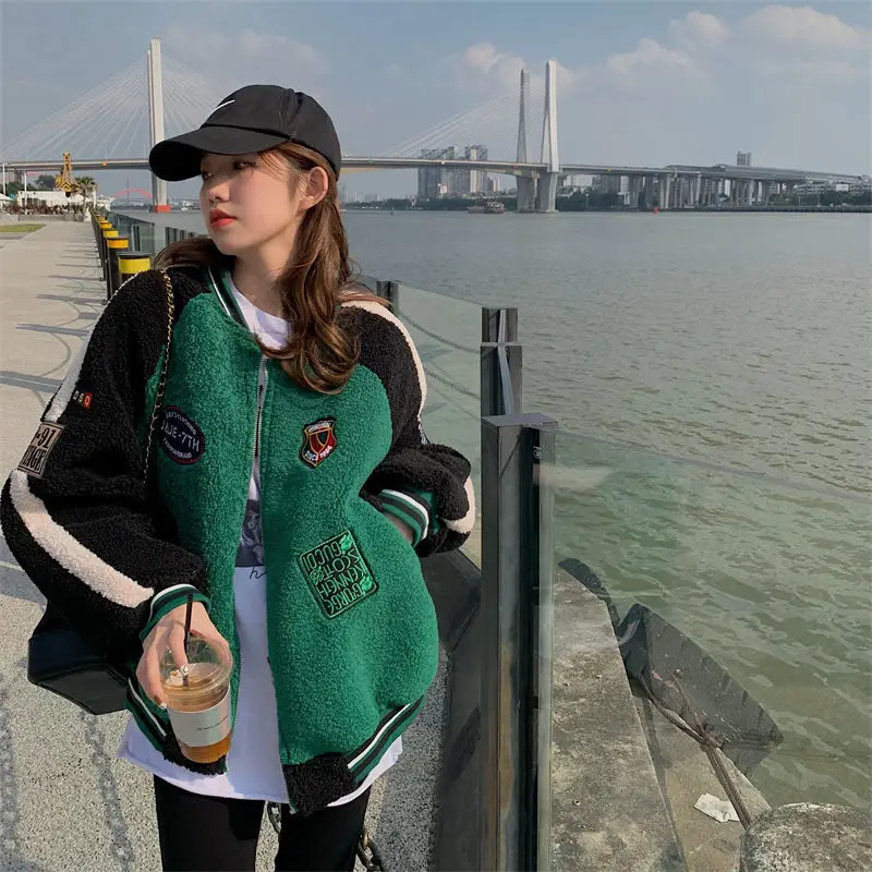 Deeptown Vintage Korean Style Women Baseball Jackets Oversized Streetwear Y2k Hip Hop Female Zip Up Bomber Jacket Kpop Green Top