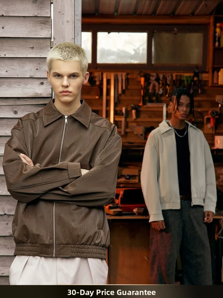 

Nted American Street Wrinkled PU Leather Pure Color Lapel Jaet Loose Casual Autumn Winter New Sle Couple Workwear Coat