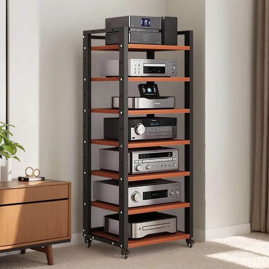 7Tier AV Media Stand Audio Rack Stereo Cabinet Adjustable Media Storage Shelves with Wheels CD Player Video Game Console Shelf