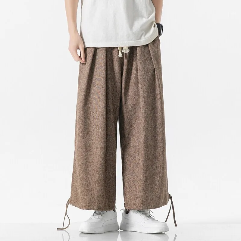 

Men Cotton Linen Wide Leg Pants Summer Light Thin Lace Up Elastic Waist Solid Casual Straight Leg Pants Loose Oversized Trousers