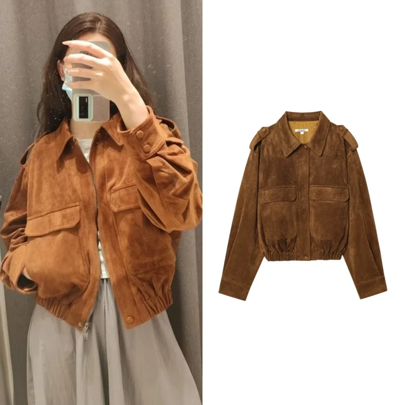 

Tidalyf 2025 Women Vintage Suede Cargo Jacket Long Sleeve Shoulder Strap Pocket Elastic Hem Casual Streetwear Autumn Coat