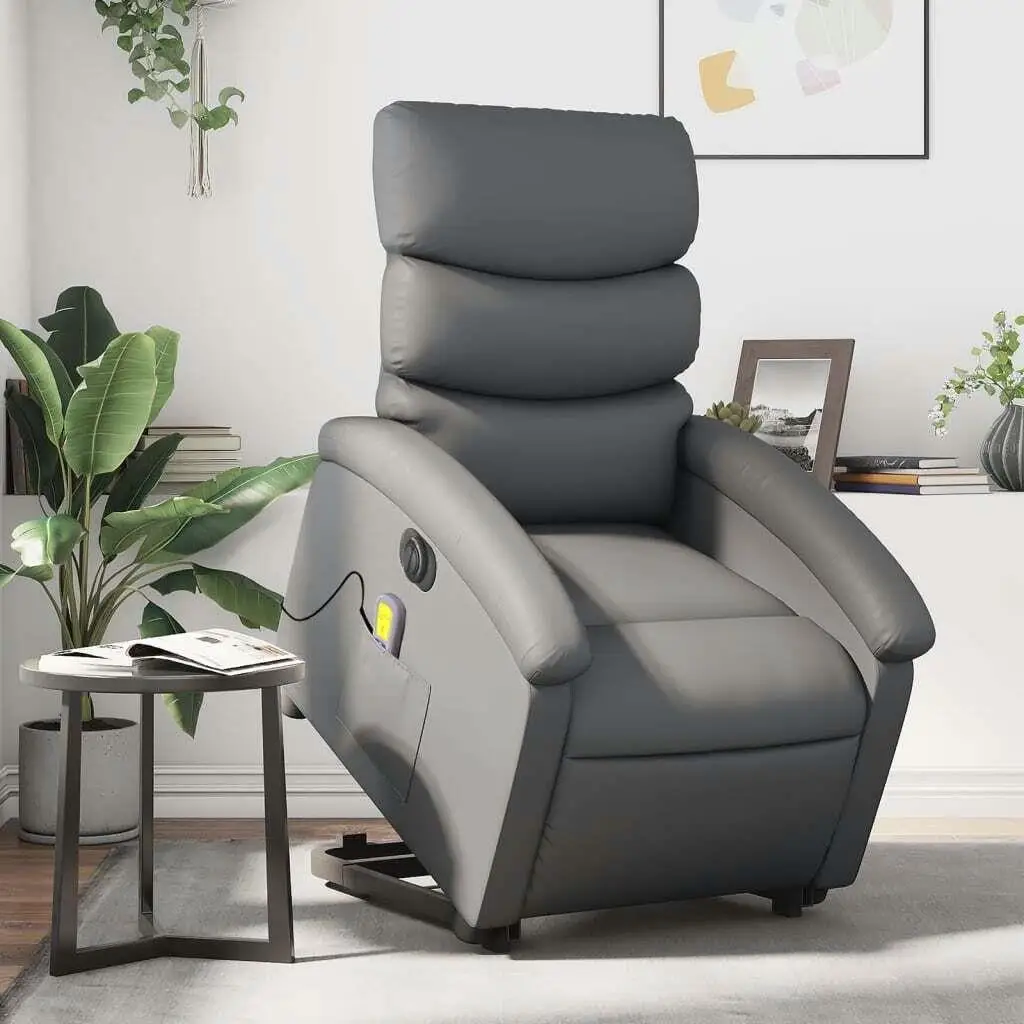 Electric Recliner Chair with Massage Function - Gray Faux Leather Stand-Up Design