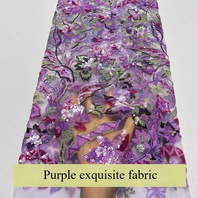 French luxurious lace mesh fabric, African high-quality peony beads, leaf and sequin embroidered lace fabric sewn fabric dress