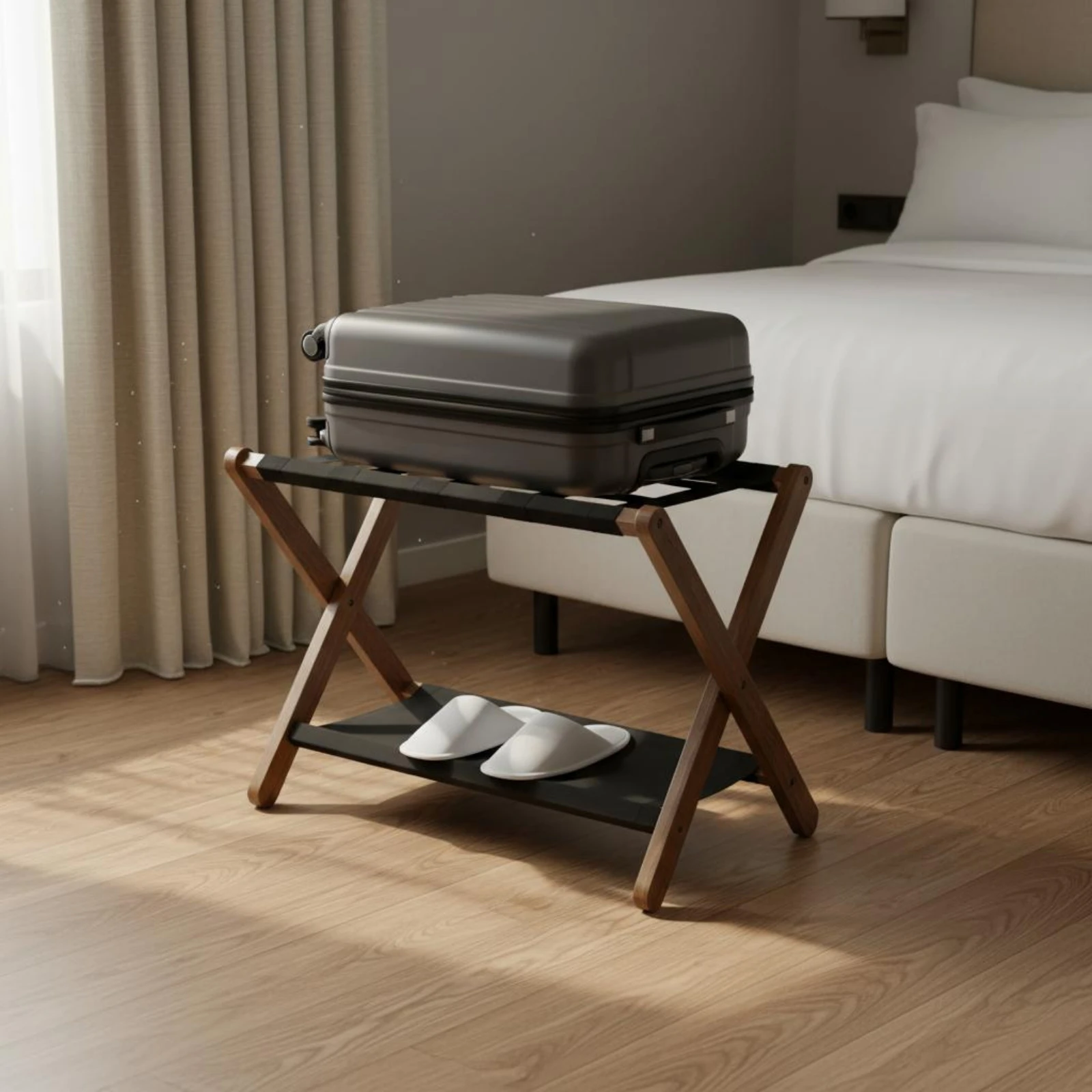 Wooden Luggage Rack Space Saving Folding Luggage Rack Foldable Suitcase Holder Heavy-Duty Suitcase Stand with Shelf No Assembly